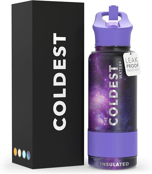 Coldest Sports Water Bottle with Straw Lid Vacuum Insulated Stainless Steel Metal Thermos Bottles Reusable Leak Proof Flask for Sports Gym(32 oz, Astro Purple)