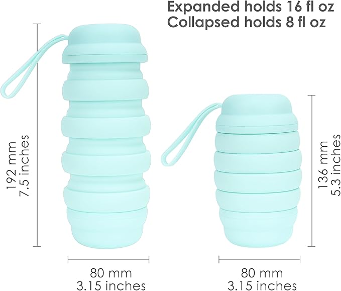 Collapsible Water Bottle, 16 oz. Reusable Water Bottle, Travel Water Bottle, Pill Storage, On the Go, Outdoors, Silicone Water Bottle, BPA Free, Vitamin Storage. (Cyan)