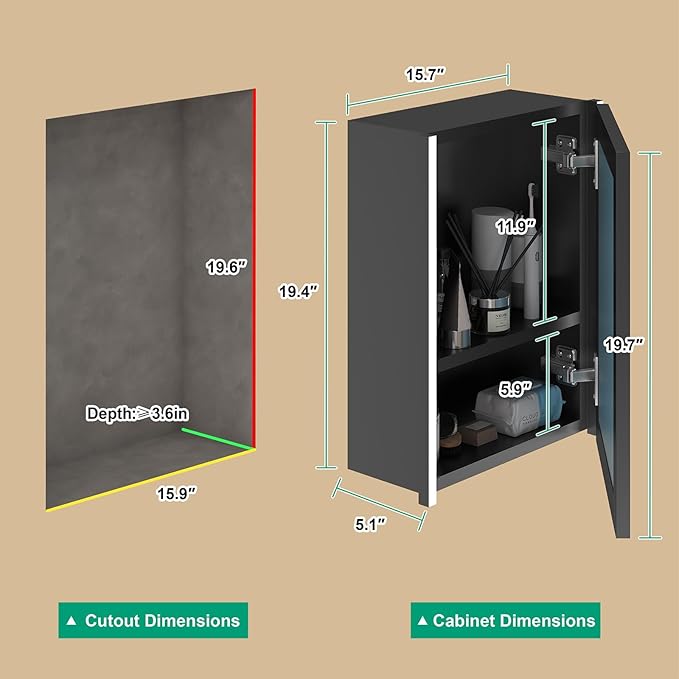 16x20 Inch Medicine Cabinet with LED Light Mirror, Brightneess Adjustable and Full-Assembled Bathroom Aluminum Cabinet with Storage, Surface or Recessed Tempered Cabinet, Farmhouse Black
