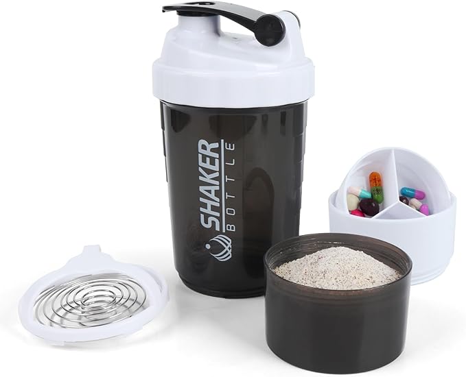 Shaker Bottle - Protein Shaker Cup with Storage Compartments - Leak-proof Workout Shake Bottles with Mixer for Smooth Mixing-500ML/16oz (WHITE & BLACK)