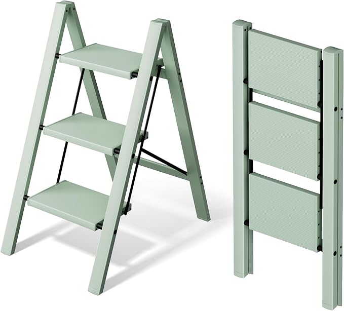3 Step Ladder,Aluminum Folding Step Stool for Adults,Step Ladder with Wide Anti-Slip Pedal,330 lbs Capacity for Home,Office,Kitchen,Library(Green)