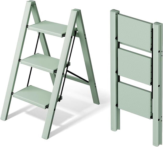 3 Step Ladder,Aluminum Folding Step Stool for Adults,Step Ladder with Wide Anti-Slip Pedal,330 lbs Capacity for Home,Office,Kitchen,Library(Green)
