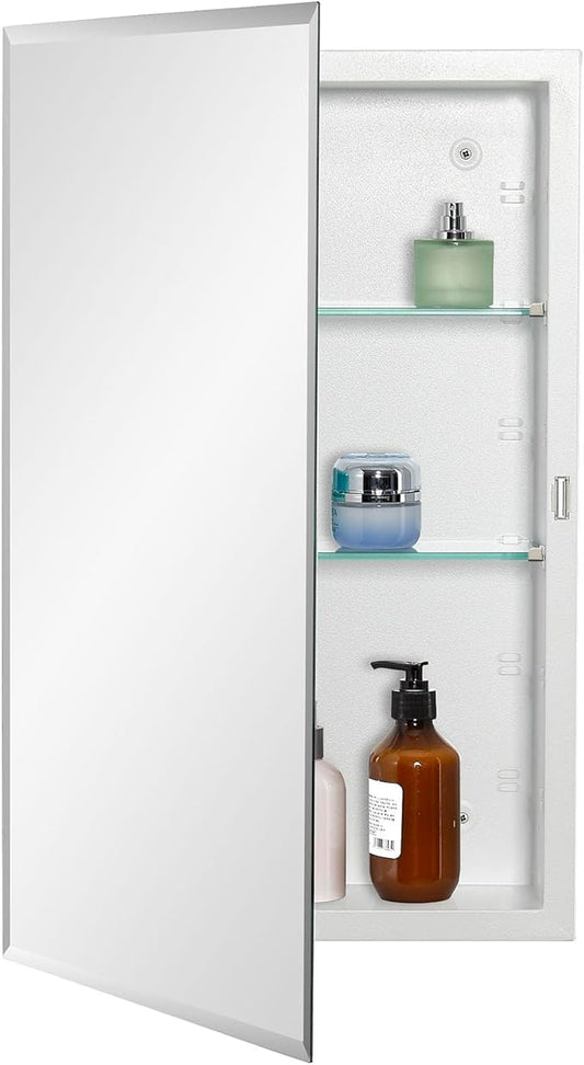 Bathroom Medicine Cabinet with Beveled Edge Mirrored Door 15 x 24 inch, Recessed or Surface Mount, with Adjustable Glass Shelves