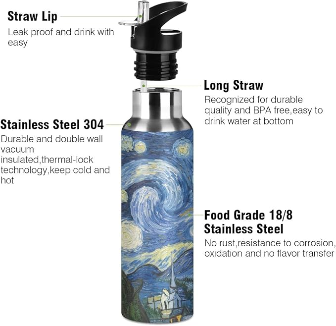 Blueangle Van Gogh The Starry Night Art Water Bottle, 22 oz, Leak-Proof, BPA Free Stainless Steel Water Bottles for Sports Gym Fitness Work