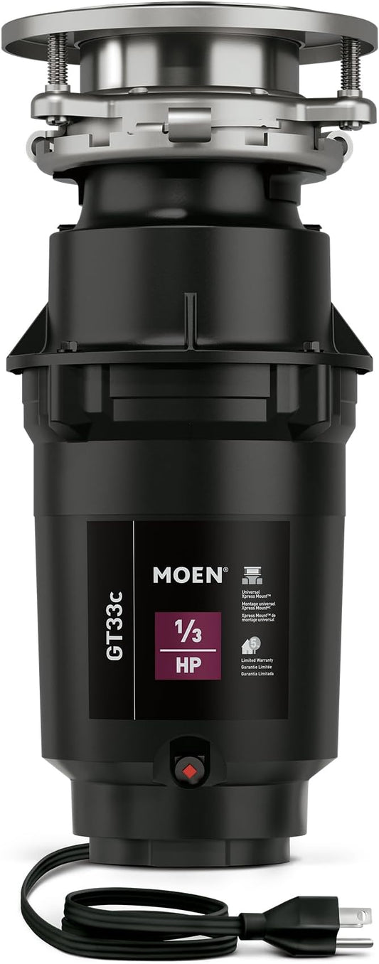 Moen GT33C Lite Series 1/3 Horsepower Continous Feed Garbage Disposal featuring Fast Track Technology, Power Cord Included