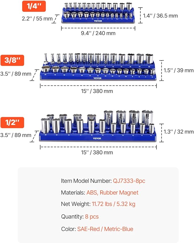 VEVOR Magnetic Socket Organizer Set, 8PCS Socket Holder, 1/4'', 3/8'' & 1/2'' Metric SAE Socket Trays with Clear Labels, Hold up to 199PCS Standard & Deep Sockets, Blaue & Red (Sockets Not Included)