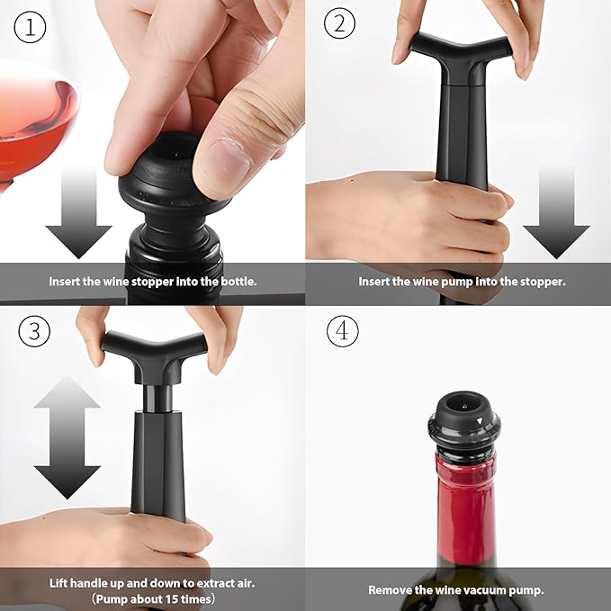 Wine Saver Pump with 4 Vacuum Wine Stoppers,Wine Bottle Stopper,Keeps Wine Fresh,Compatible with Most Wine Bottles,Best Gifts for Wine Lovers,Black