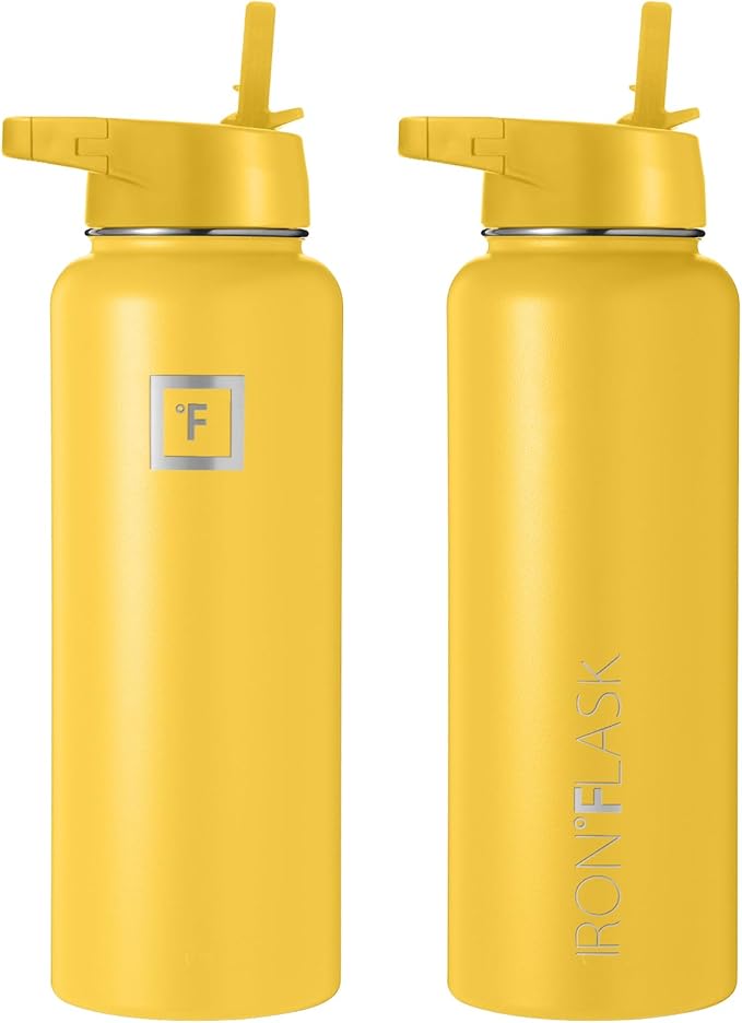 IRON °FLASK Sports Water Bottle - Wide Mouth with 3 Spout Lids - Stainless Steel Gym & Outdoor Bottles for Men, Women & Kids - Double Walled, Insulated Thermos, Metal Canteen - Honey Yellow, 40 Oz