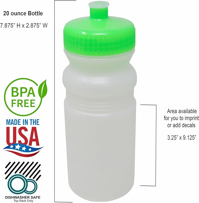Rolling Sands 20 Oz Sports Water Bottles 6 Pk, Made In USA, BPA-Free, Dishwasher Safe, Clear Frost Bottles/Neon Lime Green Lids