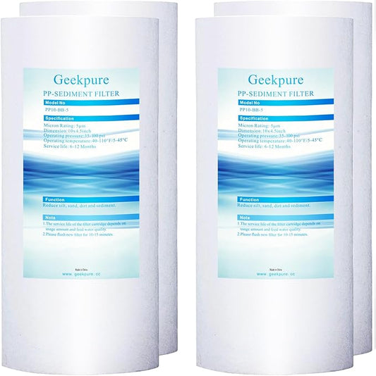 Geekpure 10 Inch PP Sediment Filter Cartridge for Whole House Water Filtration System-4.5" x 10"-5 Micron