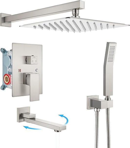 gotonovo Rainfall Tub Shower Faucet Set Bathroom Shower System with Tub Spout Wall Mount Square High Pressure Shower Fixtures with Handheld Sprayer Rough-In Valve 10'' Shower Head,Brushed Nickel