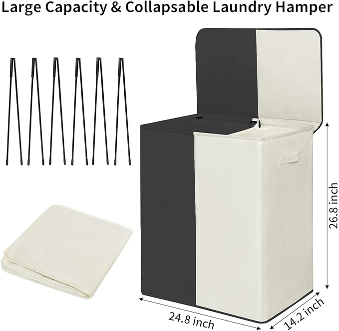 WOWLIVE Double Laundry Baseket with Lid and Removable Laundry Bags,154L Large Laundry Hamper 2 Section Collapsible Dirty Clothes Hamper for Laundry Room,College Dorm,Bathroom,Black and Beige