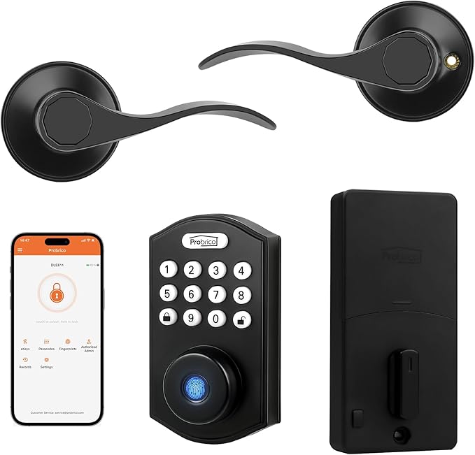 Probrico Keypad Door Lock with Handle Keyless Entry Door Lock, Smart Locks for Front Door Fingerprint Deadbolt with Handle, Black Smart Deadbolt Entry Door Handle Set