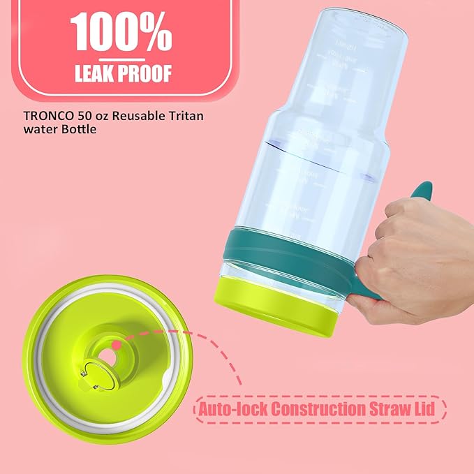 Tronco 50 oz Tritan Plastic Tumbler with Lid and Straw, BPA-Free Reusable Clear Water Bottle with Time Marker, 100% Leak Proof & Wide Mouth for Iced Coffee, Juice, Bubble Tea, Smoothies