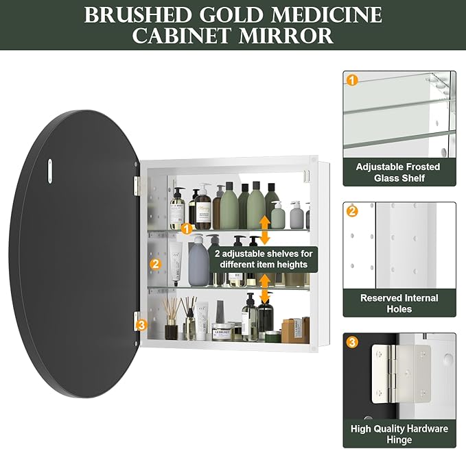 WallBeyond Bathroom Medicine Cabinet with Mirror, 28 Inch Black Round Mirror Medicine Mabinet Wall Mounted with Aluminum Alloy Metal Framed, Surface Mount Medicine Cabinet with Storage