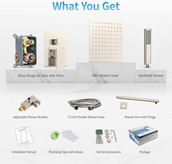 EMBATHER Shower System 12" Shower Faucet Set for Bathroom Luxury Rain Mixer Combo Set Wall Mounted Rainfall Square Shower Head, Easy Installation, Contain Rough-in Valve & Trim, Brushed Nickel