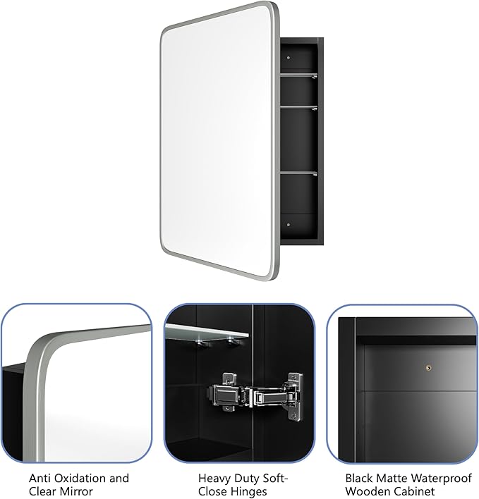 Bathroom Wood Black Cabinet with 20''x30'' Brushed Nickel Metal Frame Curved Mirror, Recessed Medicine Cabinet, Bathroom Storage Cabinet