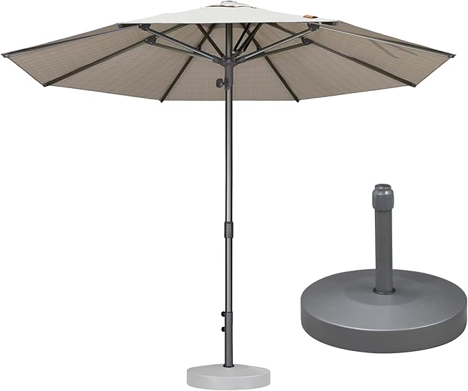 PURPLE LEAF 10 FT Semi-Auto Outdoor Patio Umbrella with Base Market Table Sun Umbrellas with Led Lights and 8 Aluminum Sturdy Ribs for Backyard Deck Garden Pool(Gray Pole Beige Canopy)