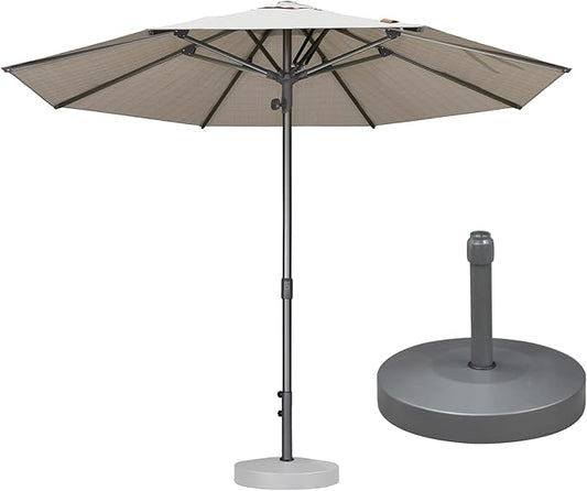PURPLE LEAF 10 FT Semi-Auto Outdoor Patio Umbrella with Base Market Table Sun Umbrellas with Led Lights and 8 Aluminum Sturdy Ribs for Backyard Deck Garden Pool(Gray Pole Beige Canopy)