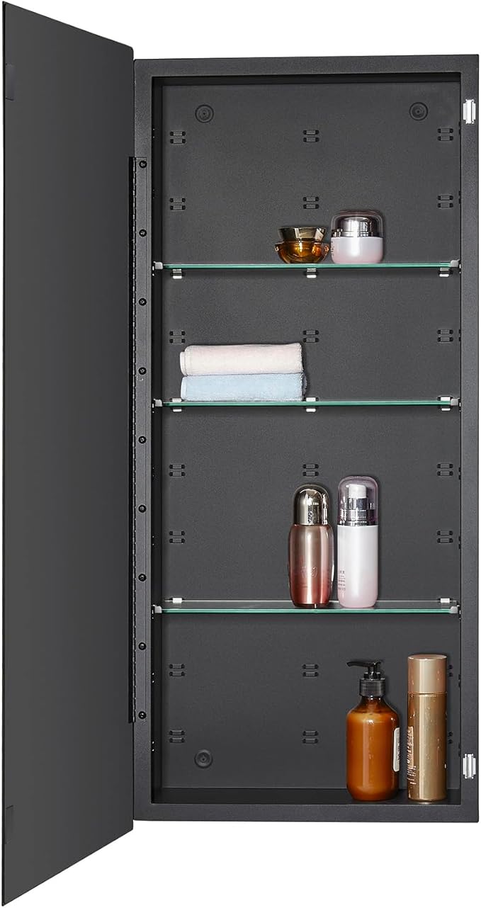 Black Bathroom Medicine Cabinet with Beveled Edge Mirrored Door 16 x 36 inch, Recessed or Surface Mount, with Adjustable Glass Shelves