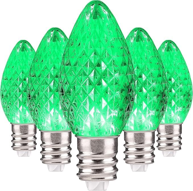 Holiday Lighting Outlet Faceted C7 Christmas Lights | Green LED Light Bulbs Holiday Decoration | Warm Christmas Decor for Indoor & Outdoor Use | 2 SMD LEDs in Each Light Bulb | Set of 500