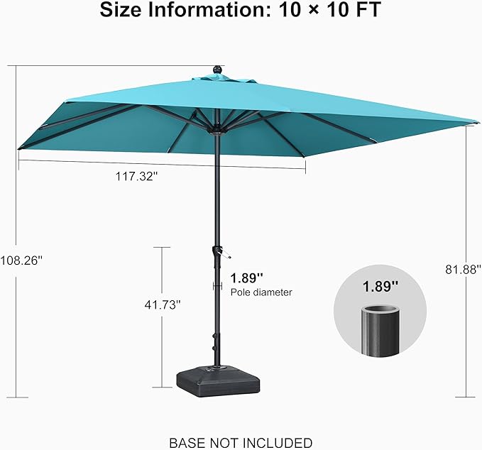 PURPLE LEAF 10' x 10' Square Patio Umbrella Outdoor Table Umbrella Aluminum Frame Market Umbrella Sun Umbrella with 8 Sturdy Ribs for Garden Deck Lawn Pool Turquoise Blue