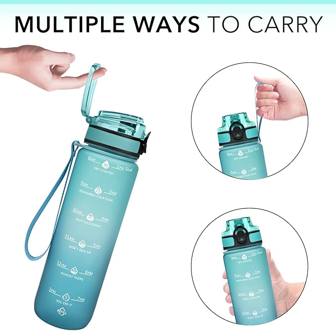 GOSWAG 32oz Motivational Water Bottles with Time Marker and Fruit Strainer, Sports Water Bottle with Times to Drink, Leakproof, Reusable Plastic Bottle with Strap no Straw for Gym, School