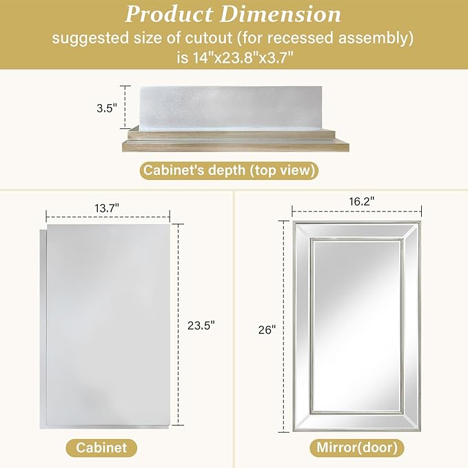 Medicine Cabinet with 16.2"x26" Mirror, Removable Shelves, Recessed or Wall Mounted Bathroom Cabinet, Silver Bathroom Vanity Mirrors for Over Sink with Storage