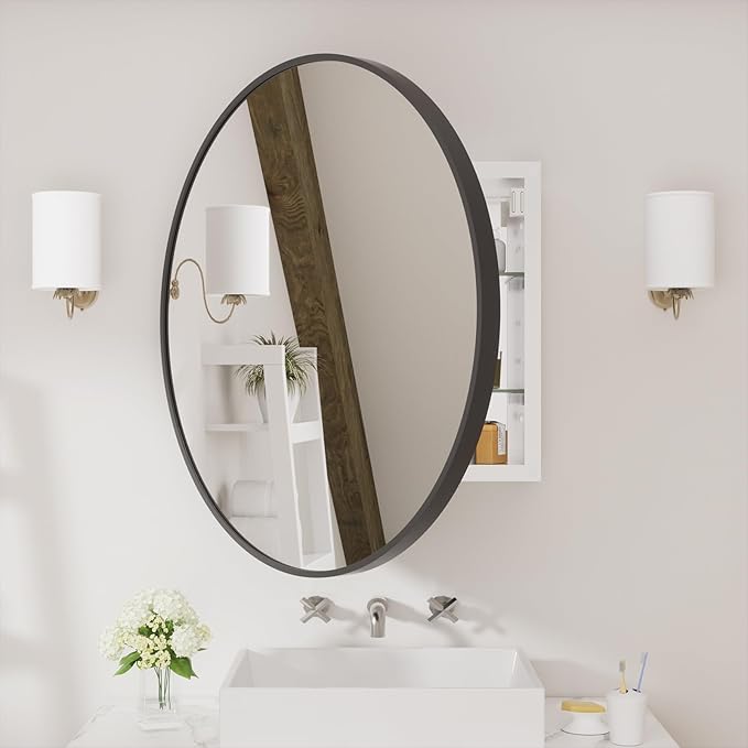 WallBeyond Bathroom Medicine Cabinet with Mirror, 28 Inch Black Round Mirror Medicine Mabinet Wall Mounted with Aluminum Alloy Metal Framed, Surface Mount Medicine Cabinet with Storage