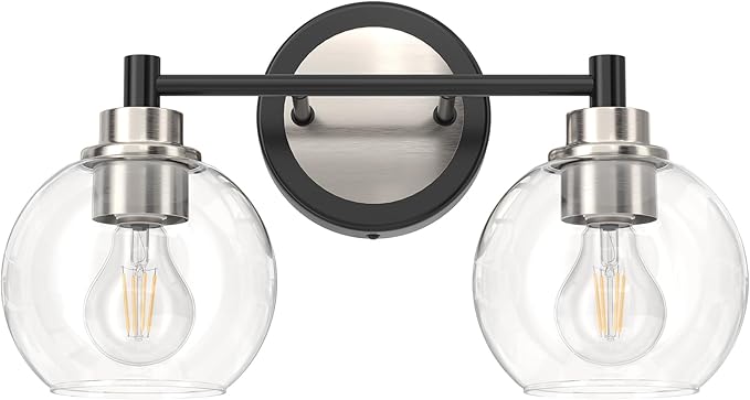 VONLUCE Bathroom Light Fixtures, 2-Light Vanity Light with Globe Glass Shades E26 Sockets, Bathroom Lights Over Mirror for Bedroom Hallway Living Room, Black & Nickel Finish