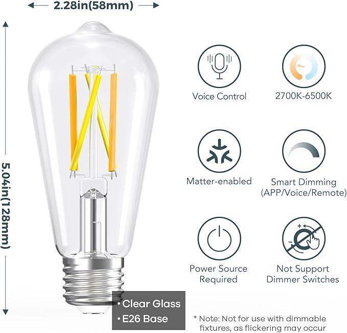 Linkind Matter Smart Light Bulb, ST19 (ST58) Smart Edison Bulbs, 2700K-6500K E26 LED Bulb 8W 60W, 800LM Edison Light Bulb, Work with Alexa, Google Home, Apple Home, SmartThings, 2.4GHz WiFi, 4-Pack