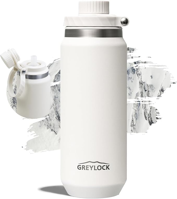 Greylock 20 oz White Water Bottle Insulated with Straw Lid, Reusable Metal Water Bottle Stainless Steel with Carry Handle for Travel,Sports, BPA-Free Leak Proof When Closed, Cold for 24 Hours
