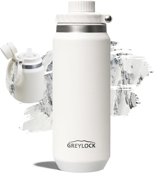 Greylock 20 oz White Water Bottle Insulated with Straw Lid, Reusable Metal Water Bottle Stainless Steel with Carry Handle for Travel,Sports, BPA-Free Leak Proof When Closed, Cold for 24 Hours