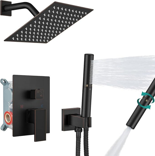 Aolemi Shower System with Rainfall Shower Head and Handheld Wall Mount,High Pressure Shower Faucet Set Fixture Combo with 2 in 1 Handheld Spray Rough-in Valve,8 Inch Shower Head Oil Rubbed Bronze