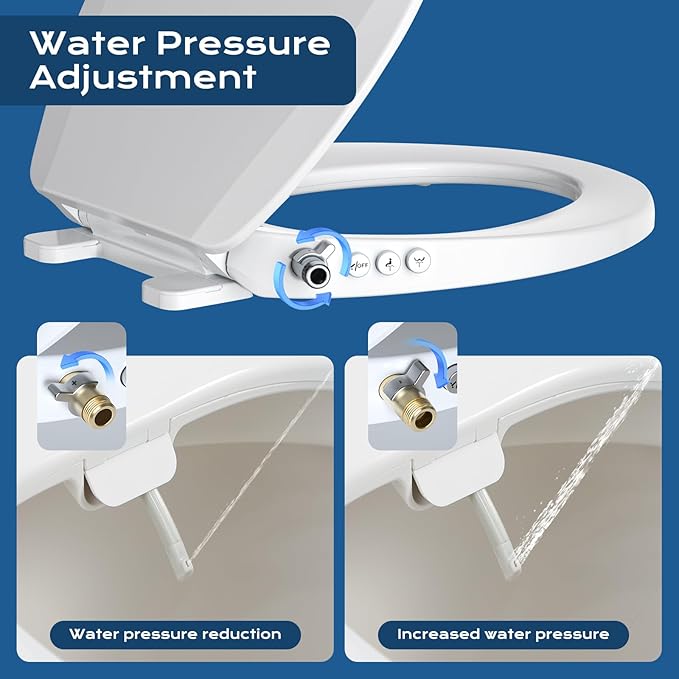 Bidet Toilet Seat, Soft Close Round Toilet Seat, Button control Feminine/Posterior Wash Switch, Knob Control Water Pressure,White Bidet Seat Attachment with Brass inlet