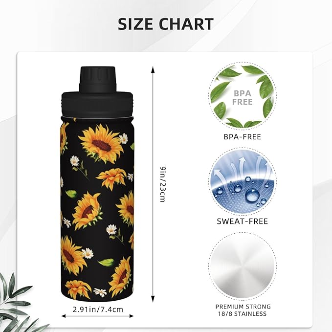 Cerburny Water Bottle Sunflower 18 oz Stainless Steel Insulated Bottles With Lid Wide Mouth Gym Sports Water Jug For Women Mom Mother