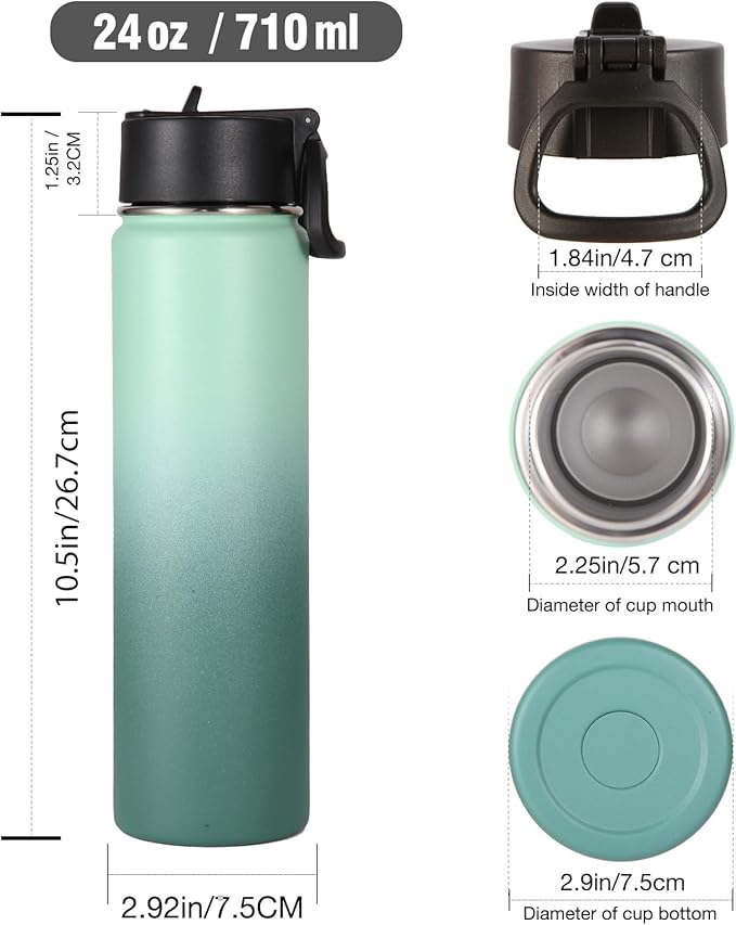 Volhoply 24 Ounce Insulated Water Bottle With Straw Lid,Stainless Steel Wide Mouth Sport Bottles With Handle,Double Wall Vacuum Thermos keep Cold,Reusable Travel Thermal Cups For Holder,Gym(Mojito,1)