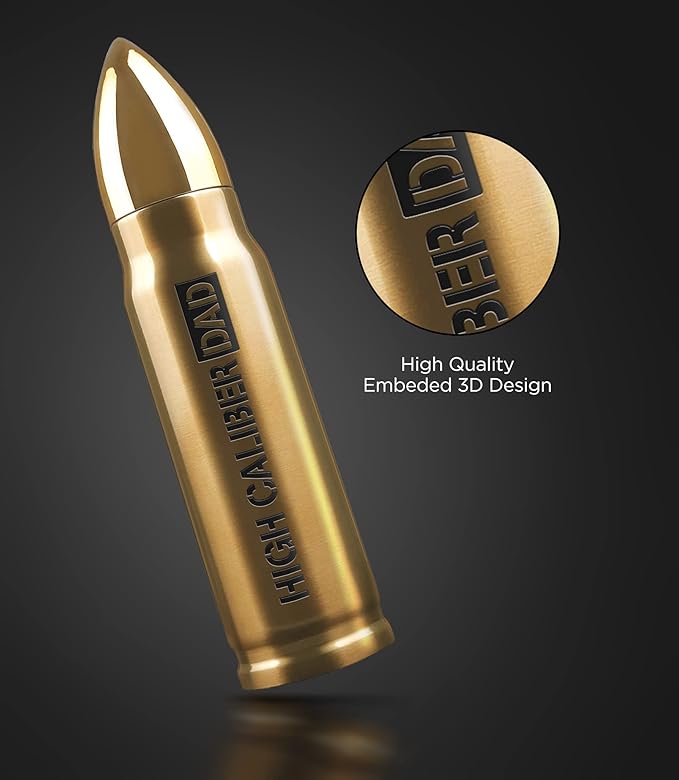 Water Bottle Gift for Dad for Christmas/Fathers Day "High Caliber Dad" Hot/Cold Insulated Stainless Steel 17oz Travel Bottle with Locking Lid (Boxed)