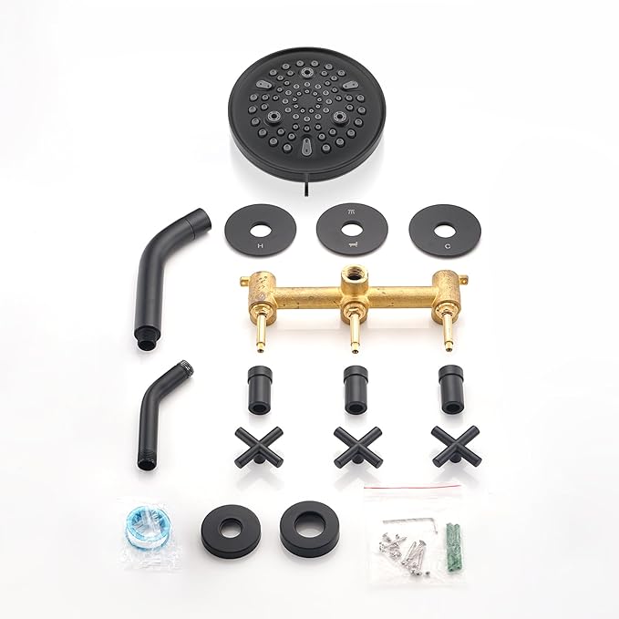 PROOX 3 Handle Tub Shower Faucet Set, 9-Setting Rainfall Shower Head with Tub and Shower Trim Kit with Rough-in Valve, Matte Black Bathtub Shower Faucets, Wall Mounted Bathroom Rain Shower System