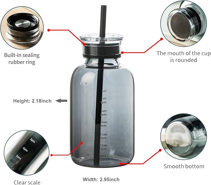 Glass water bottle With Time Marker -15oz with 2 caps and straw,Reusable Glass Drinking Bottles，Suitable For Drinks, Juices, Sodas, Coke, As Gifts Etc (Smoky 15oz)