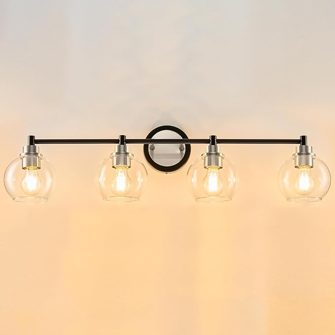 VONLUCE Bathroom Light Fixtures, 4-Light Vanity Light with Globe Glass Shades E26 Sockets, Bathroom Lights Over Mirror for Bedroom Hallway Living Room, Black & Nickel Finish