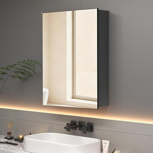 24 x 32 inch Bathroom Medicine Cabinet with Mirror, Black Metal Framed Mirror Medicine Cabinet with Storage, Pre-Assemble Medicine Cabinets, Recessed or Surface Mount