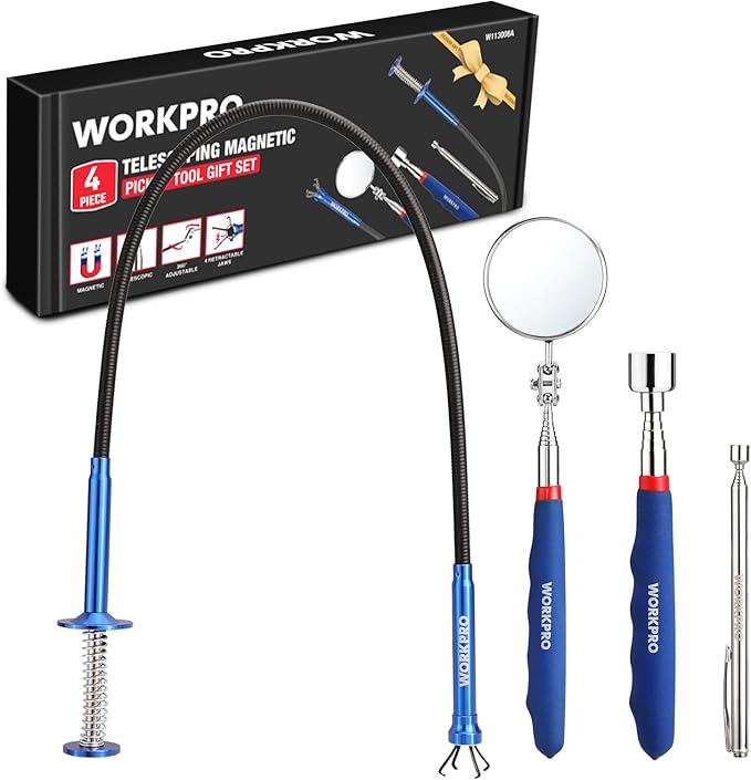 WORKPRO 4PC Telescoping Magnetic Pick Up Tool Kit, Includes Telescoping Inspection Mirror, 2PC Magnetic Pick Up Tool And Four Claw Grabber Tool, Pick Up Grab Tool Set For Auto Repair