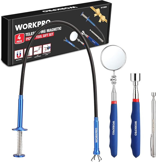 WORKPRO 4PC Telescoping Magnetic Pick Up Tool Kit, Includes Telescoping Inspection Mirror, 2PC Magnetic Pick Up Tool And Four Claw Grabber Tool, Pick Up Grab Tool Set For Auto Repair