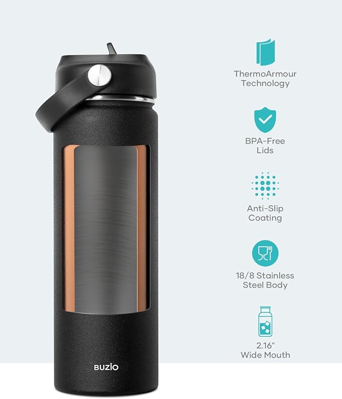 BUZIO 22oz Insulated Water Bottle with Straw Lid and Flex Cap, Wide Mouth Vacuum Insulated Stainless Steel Double Wall Water Flask,Cold for 48 Hrs Hot for 24 Hrs Simple Thermo Canteen Mug, Black