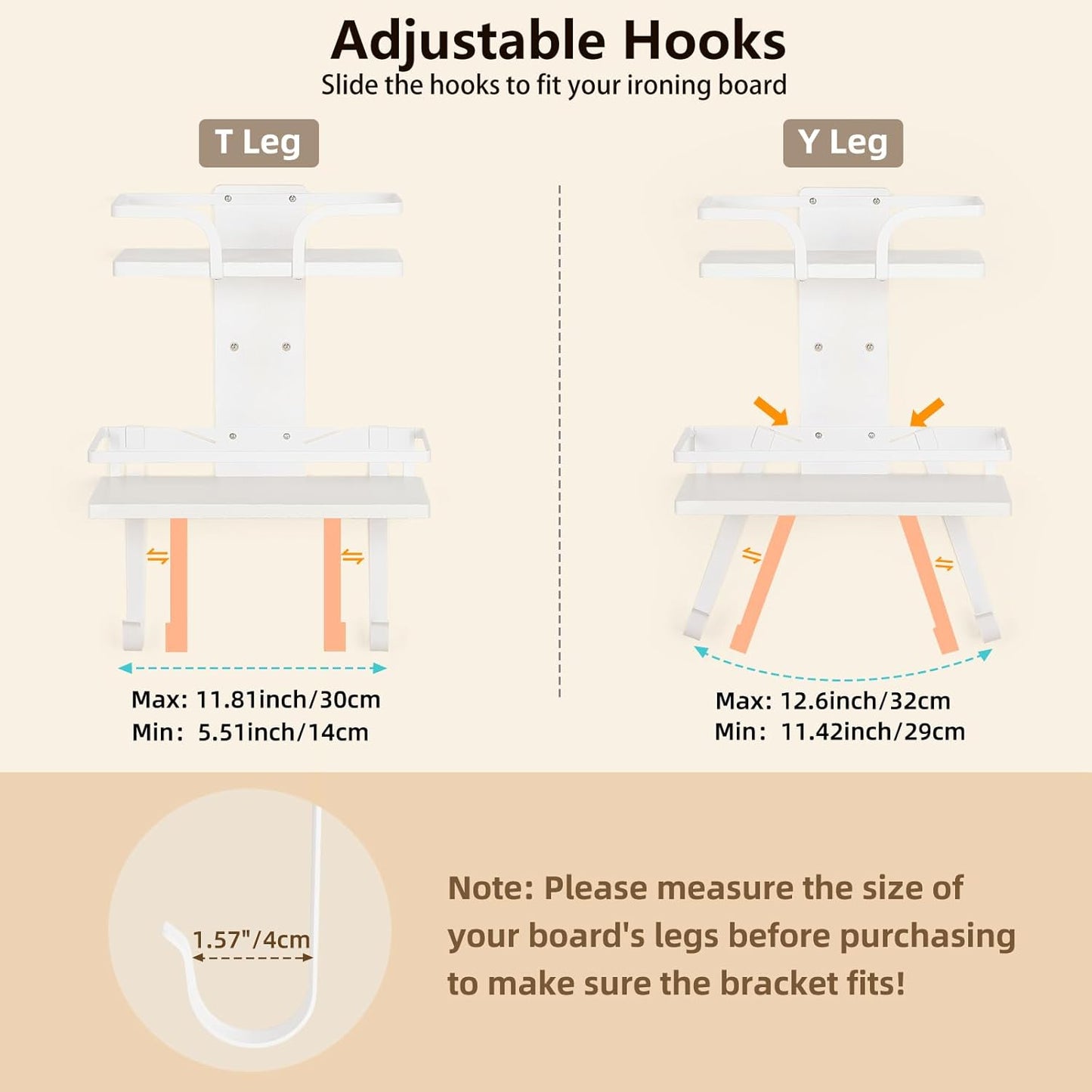 VINAEMO Ironing Board Hanger Wall Mount, 2-Layer Iron and Ironing Board Holder, Laundry Room Shelves Solid Wood with Removable Hooks Home Organization and Storage (White)