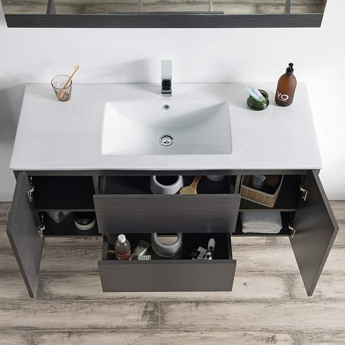 Blossom Single Bathroom Vanity with Ceramic Sink and Mirror | All Wood Floating Vanity Cabinet | 2 Doors and Soft-Closing U-Shaped Cutout Drawers| 48" w/Ceramic Sink and Mirror, Silver Grey