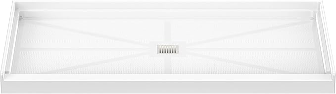 Sunrosa Shower Base 60"×32"×4", Single Threshold Shower Bases with Center Drain, Rectangle Solid Surface White Shower Pan, Slip Resistant Textured Surface, Include Stainless Steel Chrome Cover