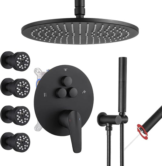 VANFOXLE Shower Faucet Set Matte Black Shower System,Push Button Diverter Shower Faucet with 2 in 1 Handheld,Ceiling Mount 10 Inch Shower Head with 4 PCS Dual Modes 2 Inch Body Jets
