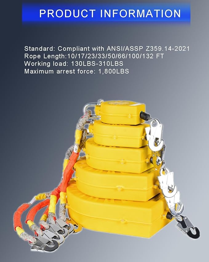 132FT RTOVZON Self Retracting Lifeline, Fall Arrest Fall Protection, Steel Wire Rope Heavy Duty Retractable Lanyard, Roofing Lifeline, SRL, Safety Lanyard